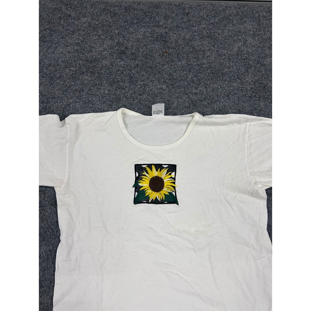 Anvil T-shirt Womens Size L White Cotton Sunflower Graphic USA Vintage Style